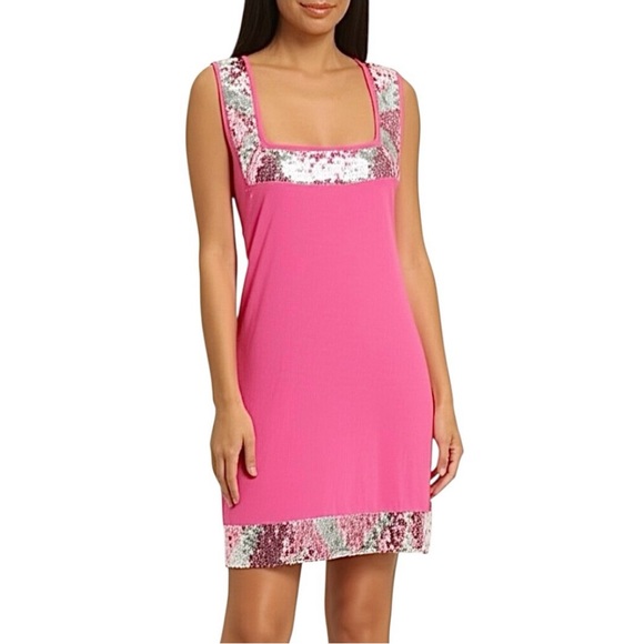 Y2K Express Sequin Trim Square Neck Tunic Mini Dress Pink Silver XS Cocktail - Picture 1 of 16